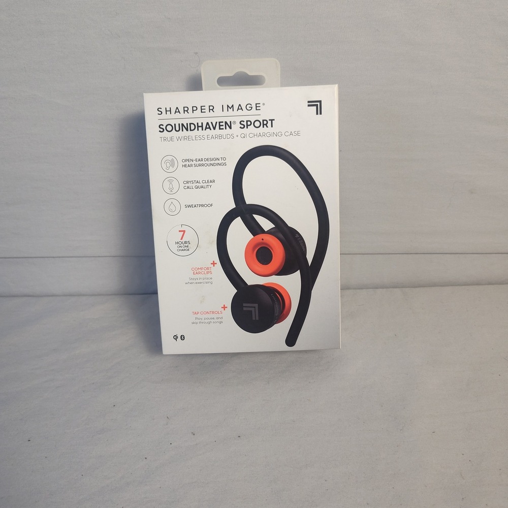 Sharper Image Soundhaven Sport True Wireless Earbuds Qi Charging Case Black New
